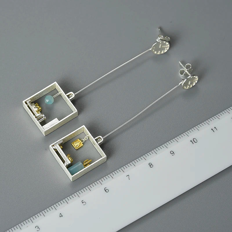 925 Sterling Silver Handmade jewelry, Room Scene Earrings with Blue Amazonite & Cat Design