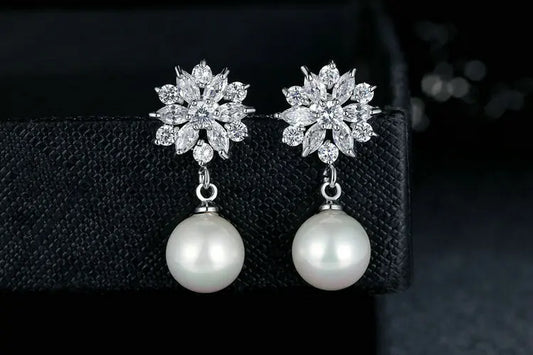 Sana Earring/ Silver Color Blue Crystal Simulated Pearl Dangle Earrings – Elegant Drop Design for Special Occasions