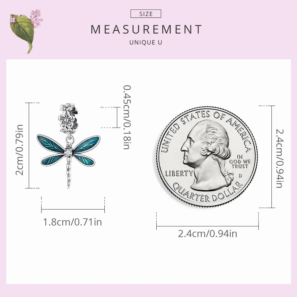 925 Sterling Silver Blue Dragonfly Dangle Charm Jewelry