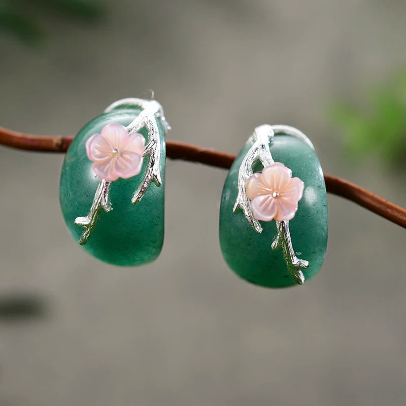 Handmade Green Aventurine Earrings – with 18K Gold-Plated 925 Silver & Pink Plum Blossom