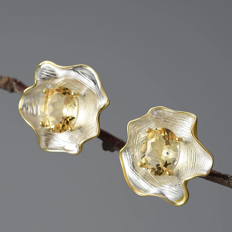 Handmade Blue Topaz Curled Floral Stud Earrings – 18K Gold-Plated 925 Sterling Silver