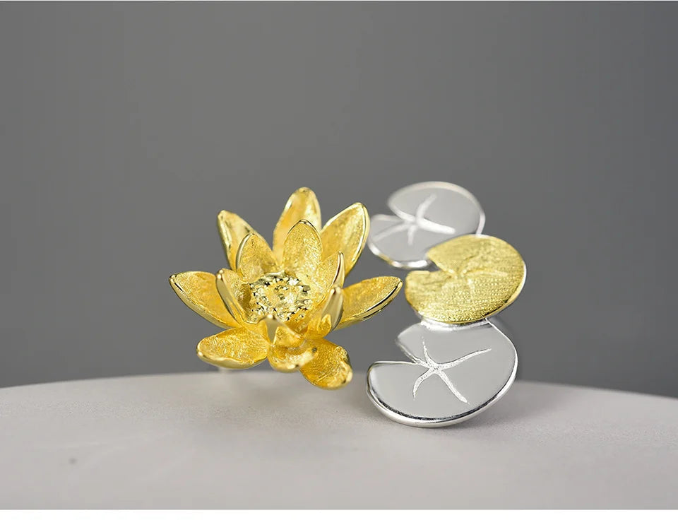 925 Sterling Silver Water Lily & Lotus Adjustable Ring – Elegant Statement Jewelry for Women