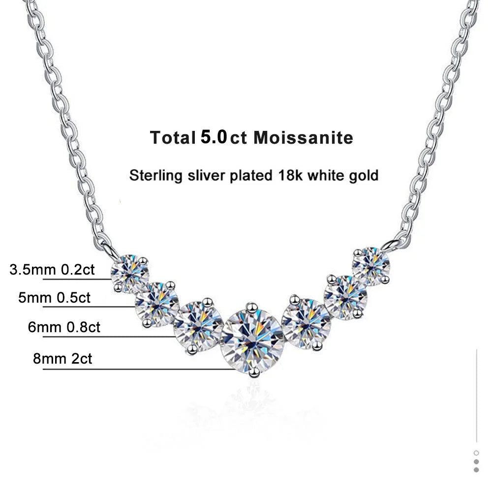 925 Sterling Silver Jewelry Necklace with Graduated Moissanite Stones and Curved Pendant Design