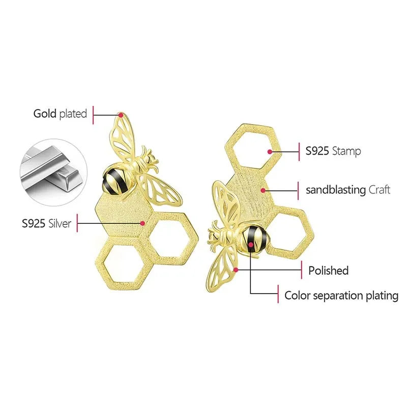 Handmade 18K Gold-Plated Bee Stud Earrings – Real 925 Sterling Silver Honeycomb Design