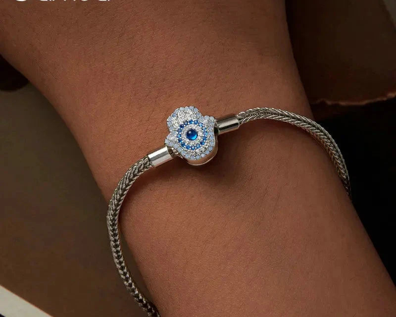 925 Sterling Silver Platinum-Plated Blue Zircon Evil Eye Charm Bracelet