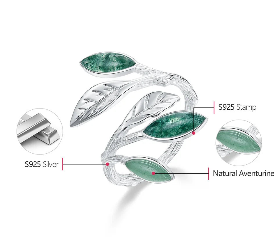 Jewelry Sterling Silver Leaf Ring with Natural Aventurine Gemstone