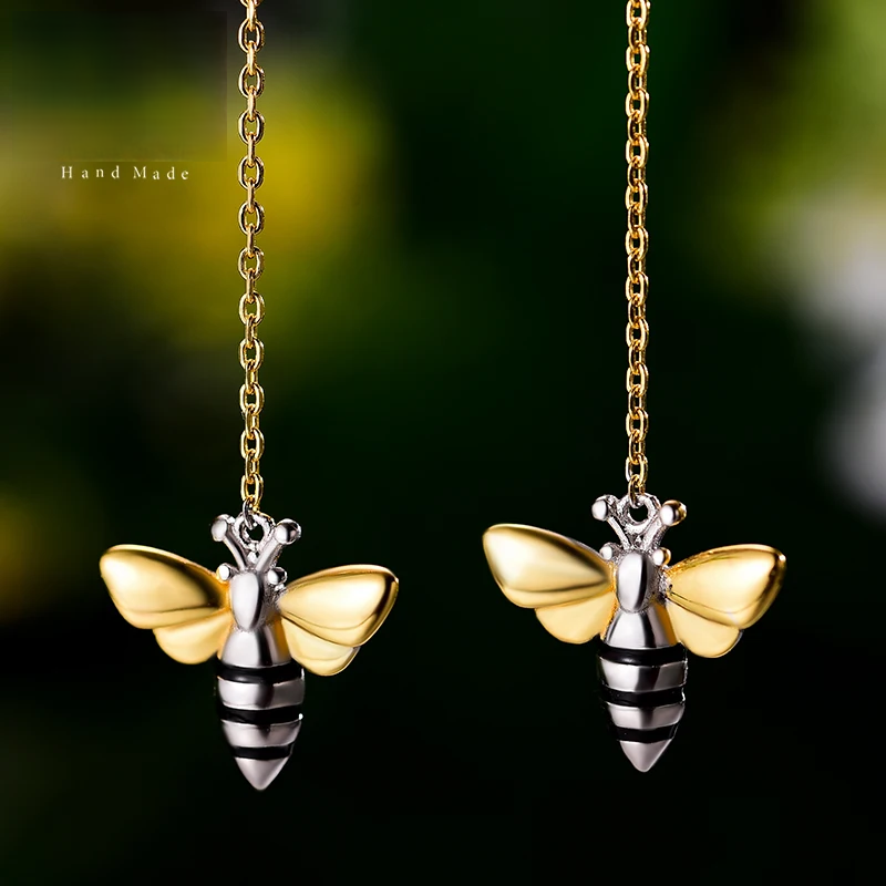 Handmade Gold-Plated Bee Drop Earrings – Real 925 Sterling Silver Nature-Inspired Jewelry