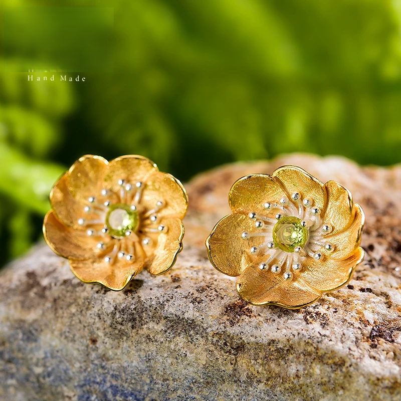 Handmade 18K Gold-Plated Floral Stud Earrings –  925 Sterling Silver with Multiple Gemstone Options