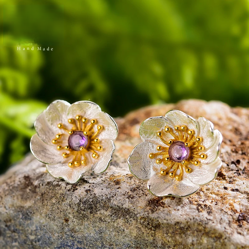 Handmade 18K Gold-Plated Floral Stud Earrings –  925 Sterling Silver with Multiple Gemstone Options