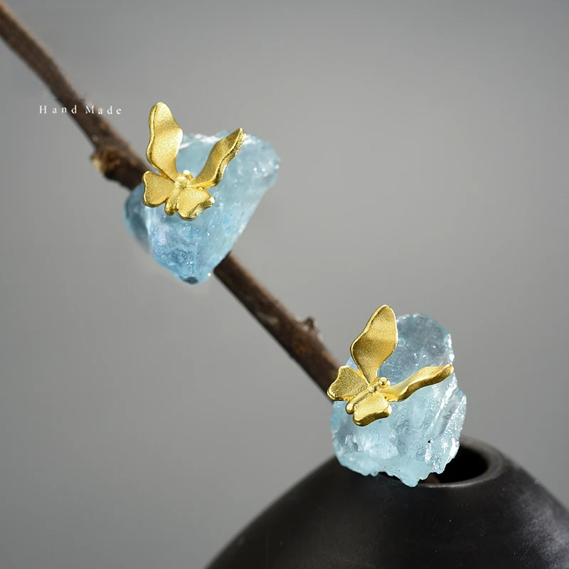 Butterfly Stud Earrings, 925 Sterling Silver Aquamarine Center Stone with Silver or Gold Butterfly Design