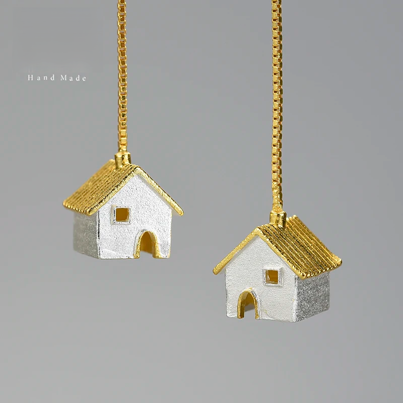 Handmade House Pendant Earrings – Real 925 Sterling Silver with Gold Plating