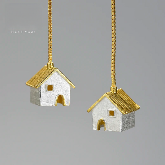 Handmade House Pendant Earrings – Real 925 Sterling Silver with Gold Plating