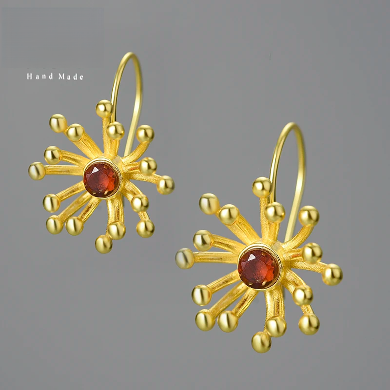 Handmade  925,  Silver Sterling Gold-Plated Starburst Earrings with Red Gemstone – Elegant Artistic Jewelry