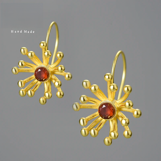 Handmade  925,  Silver Sterling Gold-Plated Starburst Earrings with Red Gemstone – Elegant Artistic Jewelry