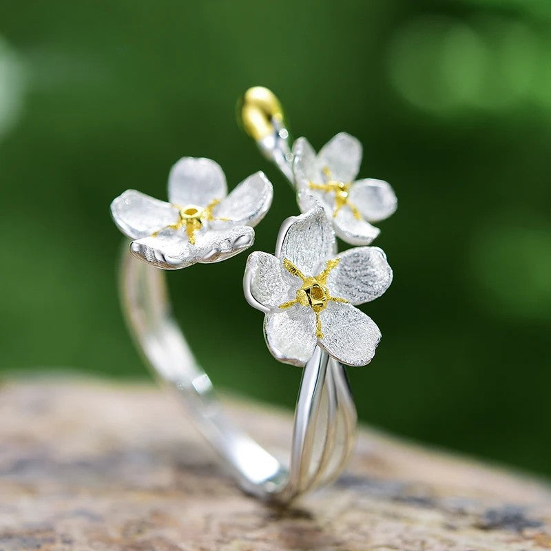 925 Sterling Silver Triple Flower Adjustable Ring – Elegant Fine Jewelry for Women