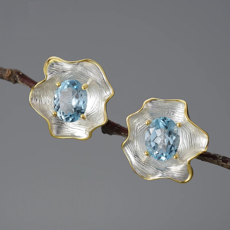 Handmade Blue Topaz Curled Floral Stud Earrings  – 18K Gold-Plated 925 Sterling Silver