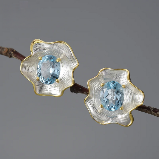Handmade Blue Topaz Curled Floral Stud Earrings  – 18K Gold-Plated 925 Sterling Silver