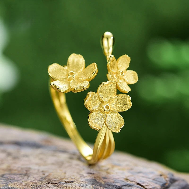 925 Sterling Silver Triple Flower Adjustable Ring – Elegant Fine Jewelry for Women