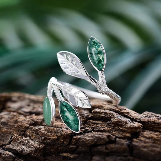 Jewelry Sterling Silver Leaf Ring with Natural Aventurine Gemstone