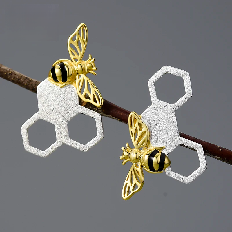 Handmade 18K Gold-Plated Bee Stud Earrings – Real 925 Sterling Silver Honeycomb Design