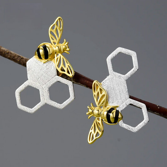 Handmade 18K Gold-Plated Bee Stud Earrings – Real 925 Sterling Silver Honeycomb Design