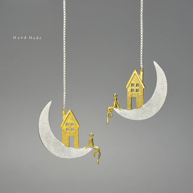 Handmade 18K Gold-Plated Moon &amp; House  Drop Earrings – Real 925 Sterling Silver Celestial Jewelry