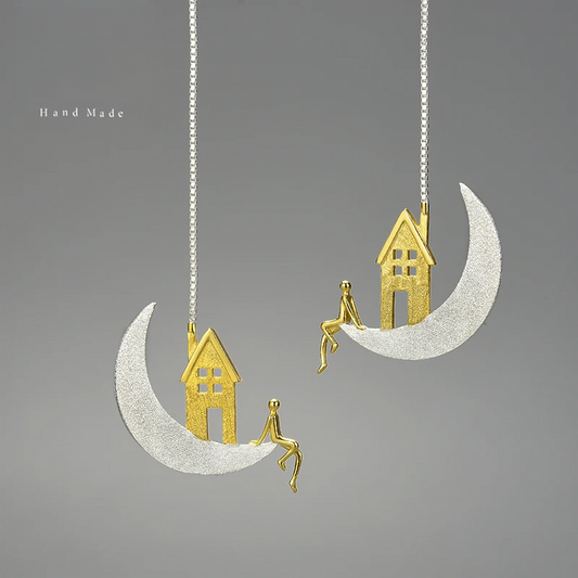 Handmade 18K Gold-Plated Moon &amp; House  Drop Earrings – Real 925 Sterling Silver Celestial Jewelry