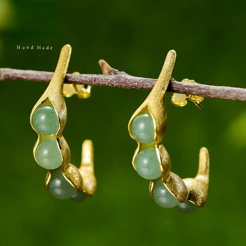Handmade Pea Pod Drop Earrings – Real 925 Sterling Silver with Aventurine
