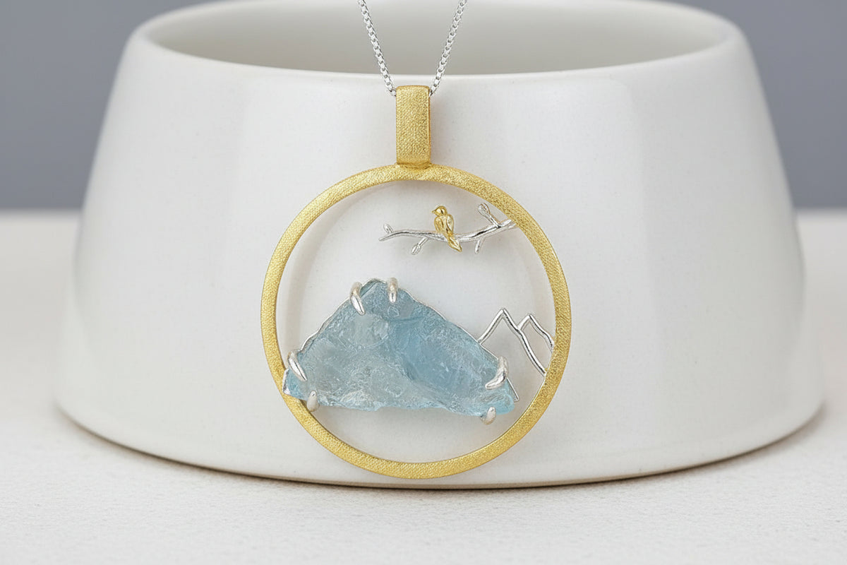 Handcrafted Raw Stone Pendant in Solid 925 Sterling Silver – Bird Whisper Luxury Design