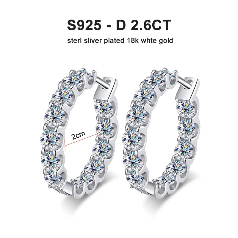 2.6ct D Color Moissanite Jewelry Hoop Earrings in 925 Sterling Silver – White, Yellow & Rose Gold Plated