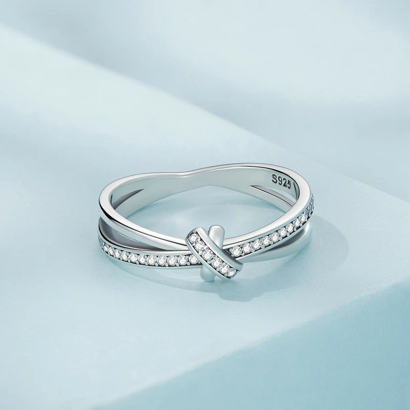 925 Sterling Silver Jewelry Crossover Knot Ring with Sparkling CZ Accent Stones and Twisted Band Design