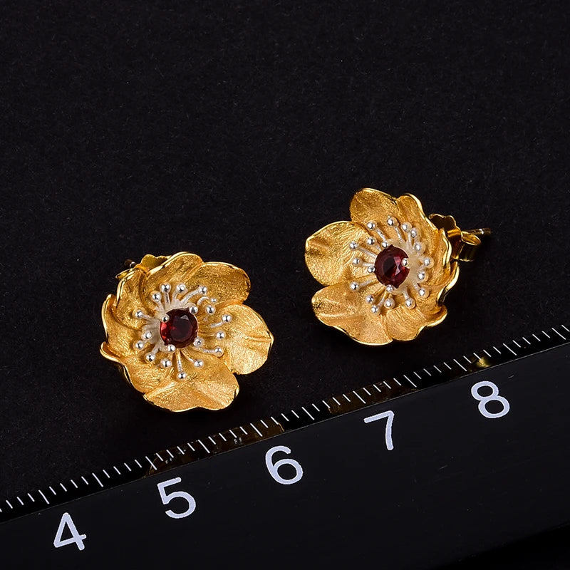 Handmade 18K Gold-Plated Floral Stud Earrings –  925 Sterling Silver with Multiple Gemstone Options