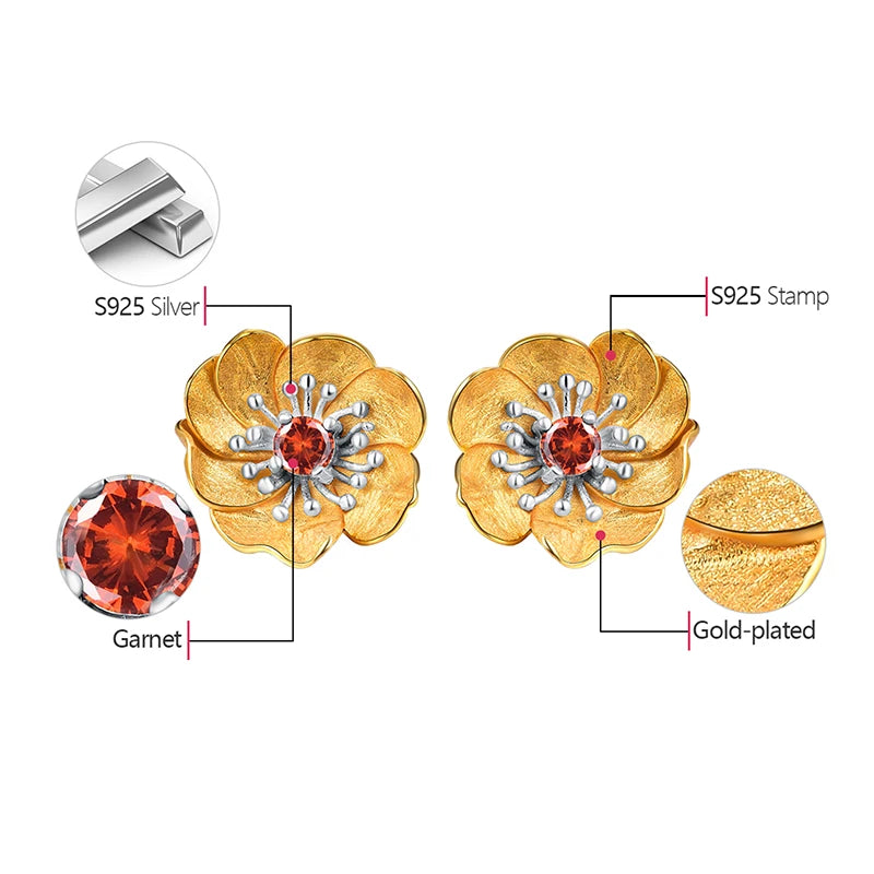 Handmade 18K Gold-Plated Floral Stud Earrings –  925 Sterling Silver with Multiple Gemstone Options