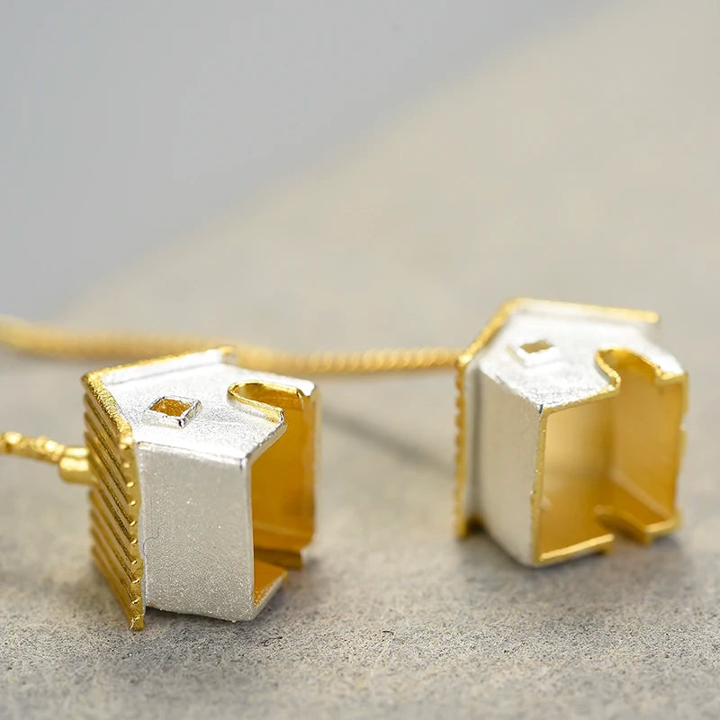 Handmade House Pendant Earrings – Real 925 Sterling Silver with Gold Plating