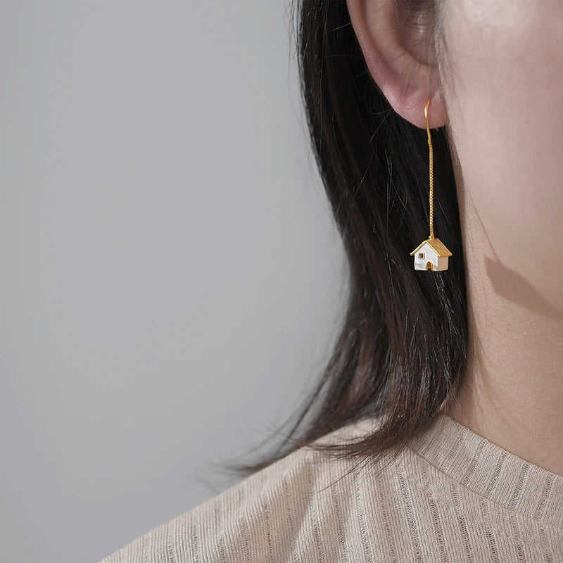 Handmade House Pendant Earrings – Real 925 Sterling Silver with Gold Plating