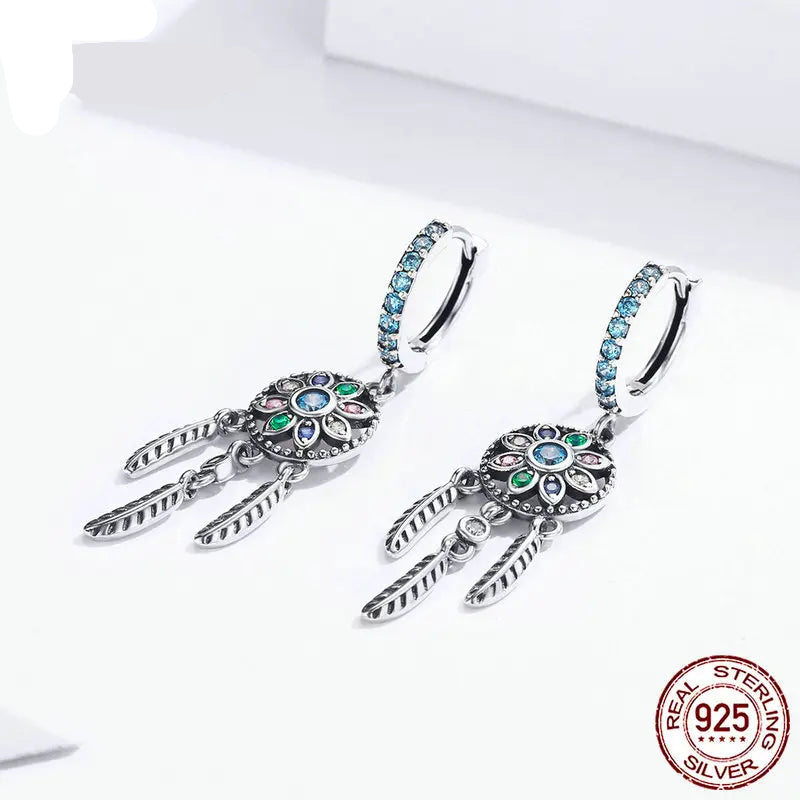 Bohemia Dreamcatcher Hanging Drop Earrings/925 Sterling Silver with Multicolor Zircon Stone  Jewelry Gifts