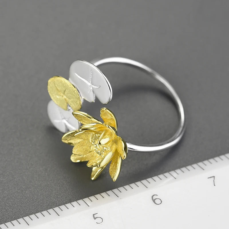 925 Sterling Silver Water Lily & Lotus Adjustable Ring – Elegant Statement Jewelry for Women