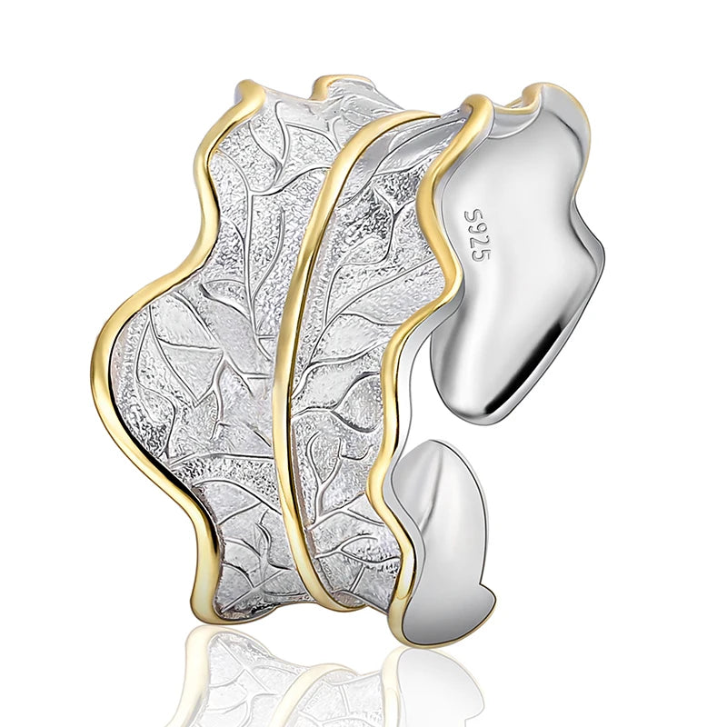 925 Sterling Silver Leaf‑Design Ring with Golden Gemstone – Two‑Tone Nature Inspired Jewelry