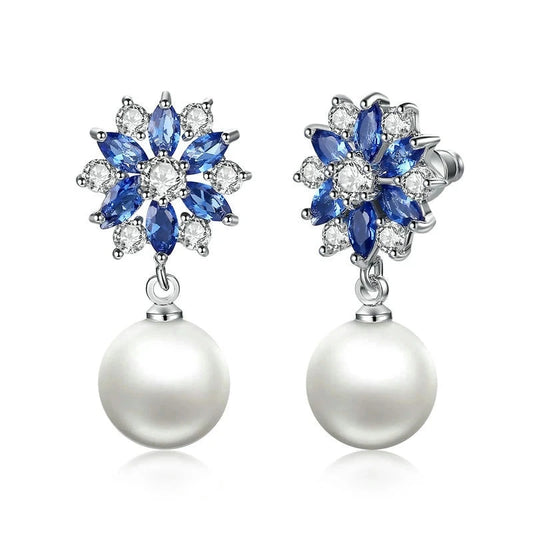 925 Sterling Silver Jewelry Floral Stud Earrings with Blue Marquise-Cut Stones, Clear CZ Accents, and White Pearl Drops