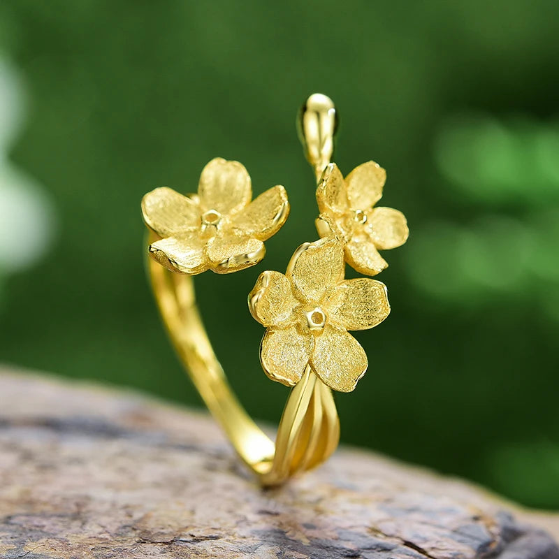 925 Sterling Silver Triple Flower Adjustable Ring – Elegant Fine Jewelry for Women