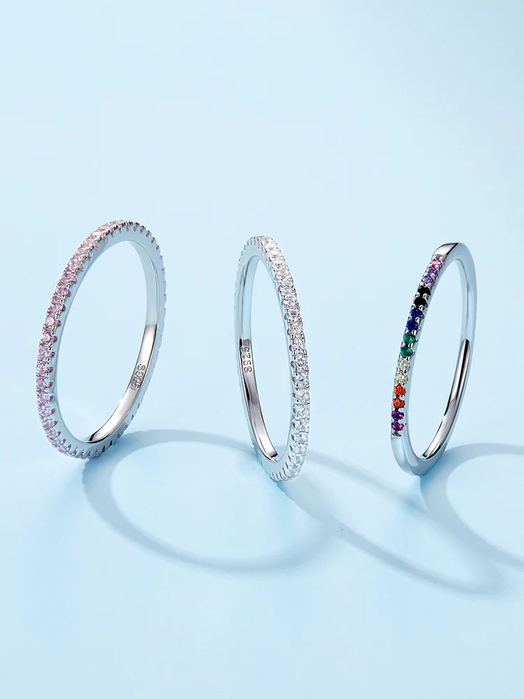 925 Sterling Silver Full Pave CZ Stackable Jewelry Rings – Multicolor Gemstone Inlay Rainbow Band Set for Women