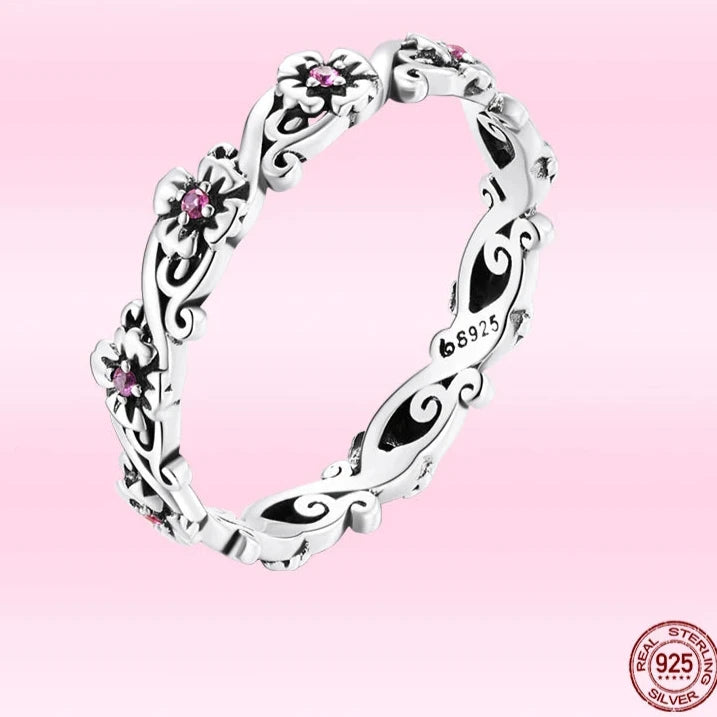 925 Sterling Silver Pink Floral Eternity Ring – Elegant Vintage‑Inspired Fine Jewelry for Women