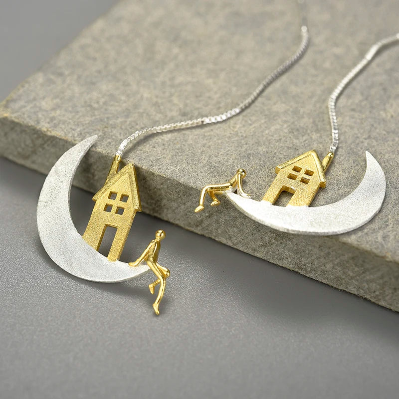 Handmade 18K Gold-Plated Moon &amp; House  Drop Earrings – Real 925 Sterling Silver Celestial Jewelry