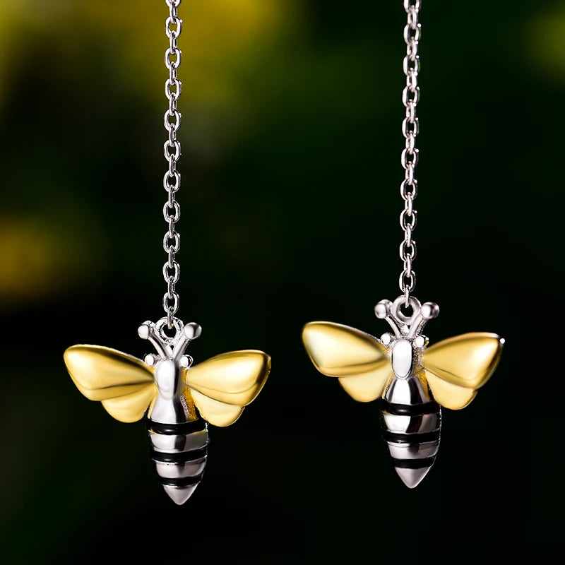 Handmade Gold-Plated Bee Drop Earrings – Real 925 Sterling Silver Nature-Inspired Jewelry