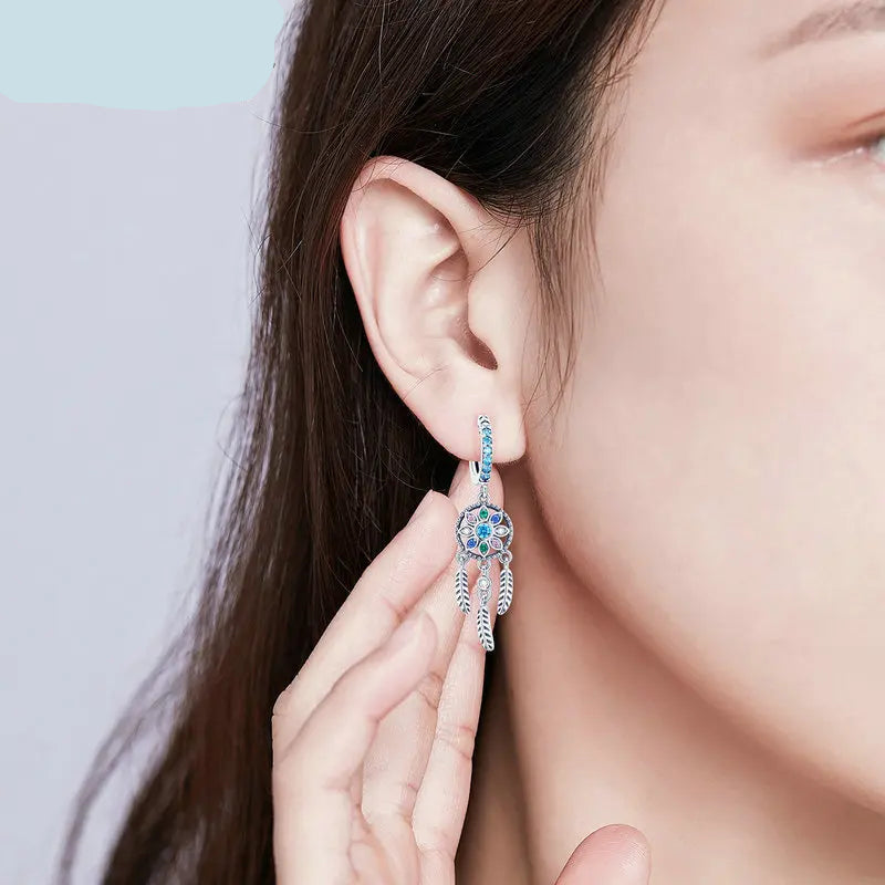 Bohemia Dreamcatcher Hanging Drop Earrings/925 Sterling Silver with Multicolor Zircon Stone  Jewelry Gifts