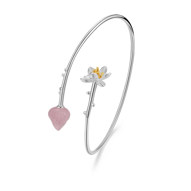 925 Sterling Silver Natural Aventurine Handmade Flower Cuff Bracelet for Women | Elegant Jewelry