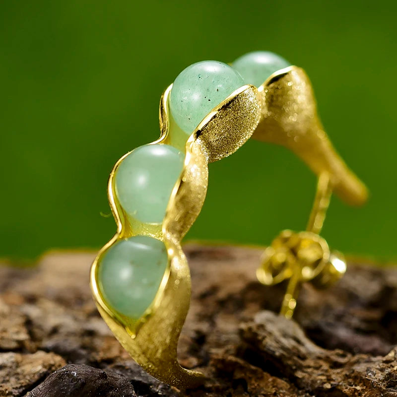 Handmade Pea Pod Drop Earrings – Real 925 Sterling Silver with Aventurine