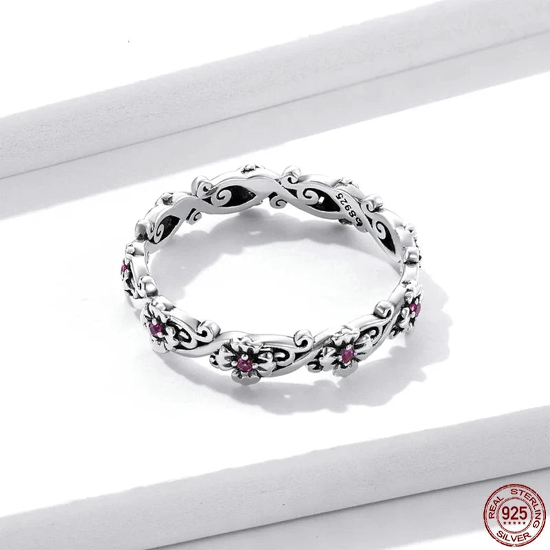 925 Sterling Silver Pink Floral Eternity Ring – Elegant Vintage‑Inspired Fine Jewelry for Women