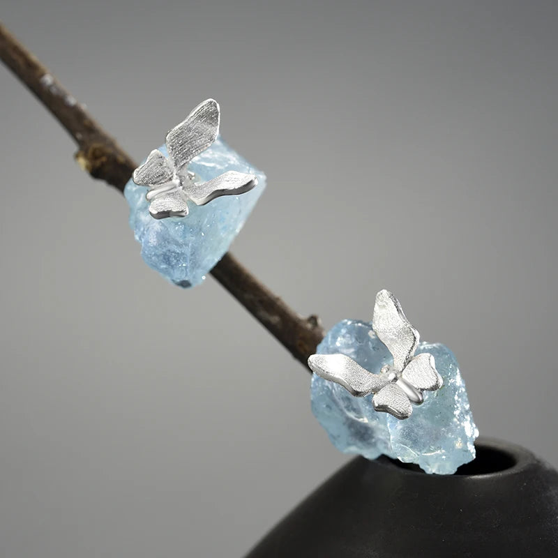 Butterfly Stud Earrings, 925 Sterling Silver Aquamarine Center Stone with Silver or Gold Butterfly Design