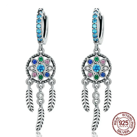 Bohemia Dreamcatcher Hanging Drop Earrings/925 Sterling Silver with Multicolor Zircon Stone  Jewelry Gifts